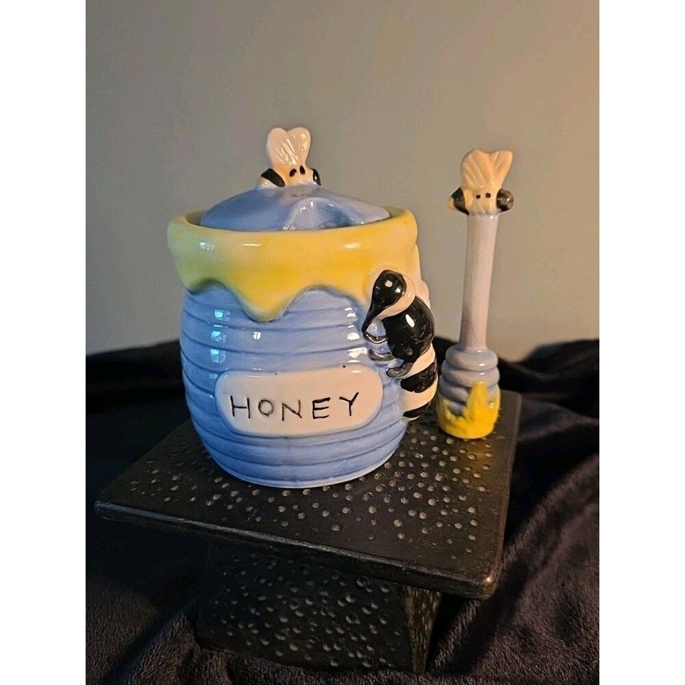 Vintage Ceramic Honey Pot Jar w Lid & Dipper Bee Hive 5” Blue Yellow